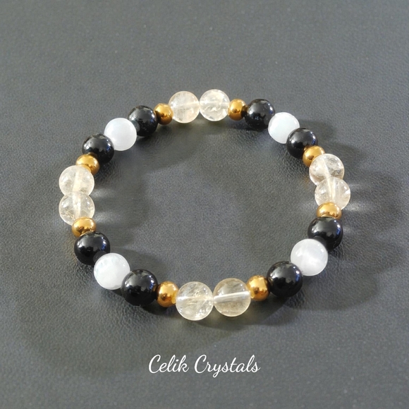 Citrine, Black Tourmaline, Selenite Bracelet Natural Stones 8mm Unisex - Picture 4 of 6